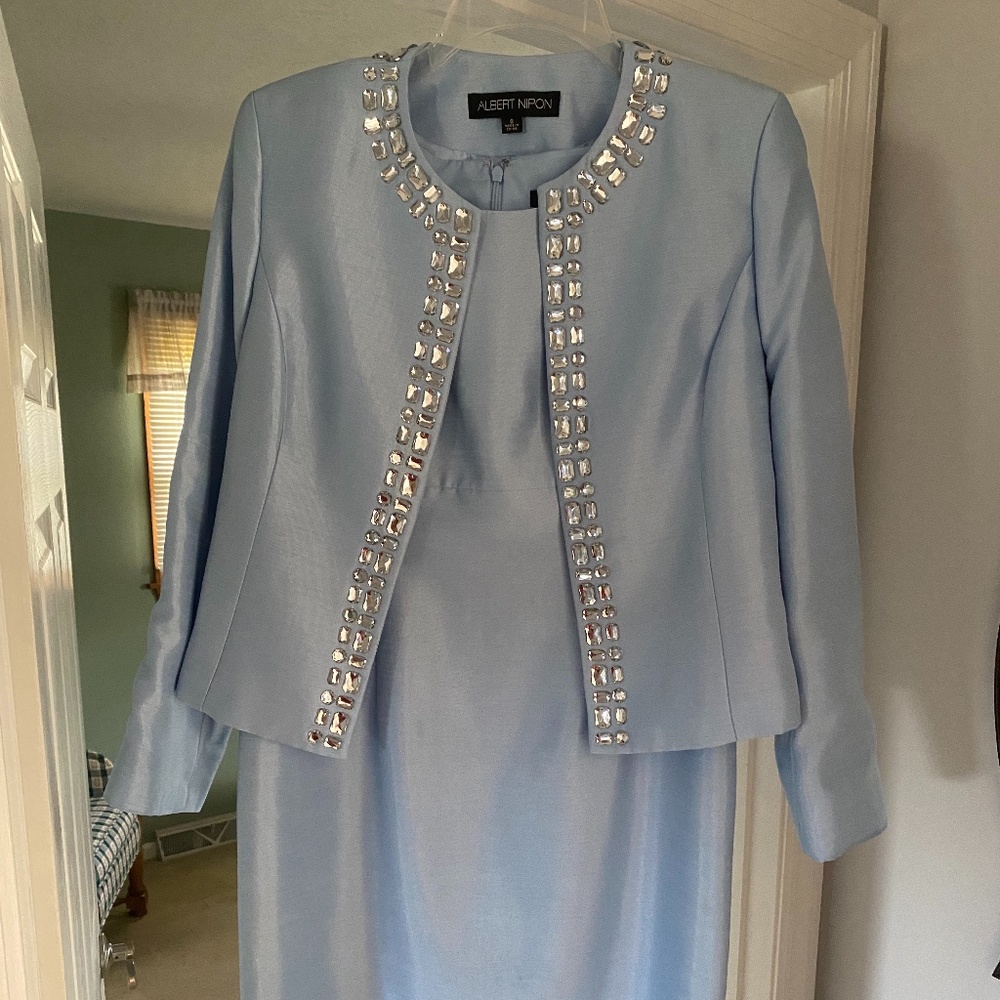 Albert Nipon Size 8 Blue Sparkle Dress with suit Jacket. Formal Business